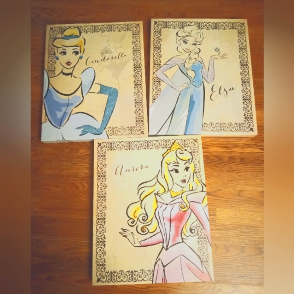 3 Disney Princesses Elsa Cinderella Sleeping Beauty Canvas Art 16x20 Sparkle